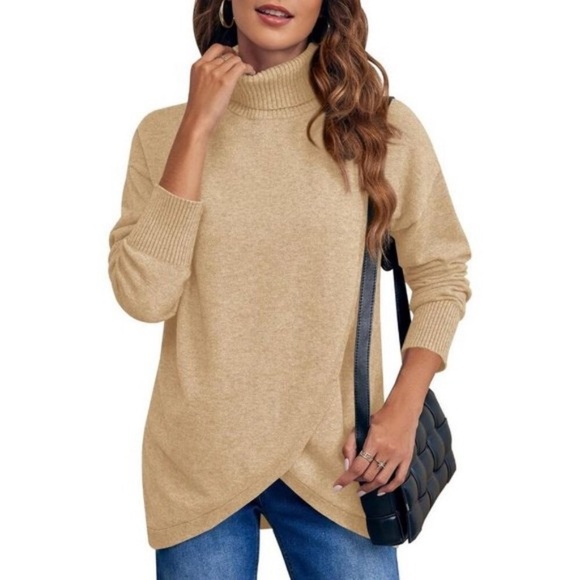 Womens Turtleneck Sweaters Trendy Cross Knit Casual Long Sleeve Pullover Tops - Picture 2 of 8